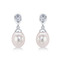 Aquamarine and Pearl 9ct White Gold Drop Earrings - Michael Jones Jeweller