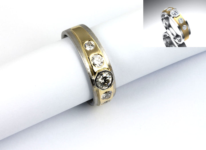 yellow and white gold bespoke ring made using customer's own diamonds