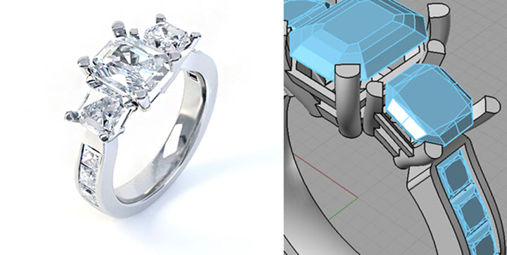 Computer-aided-design model of a bespoke ring in platinum with diamonds