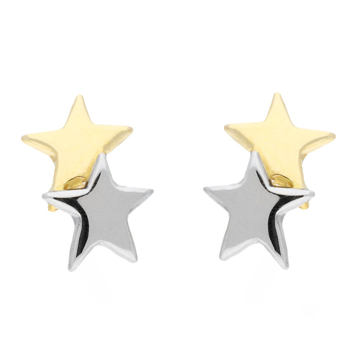 9ct White and Yellow Gold Double Star Stud Earrings