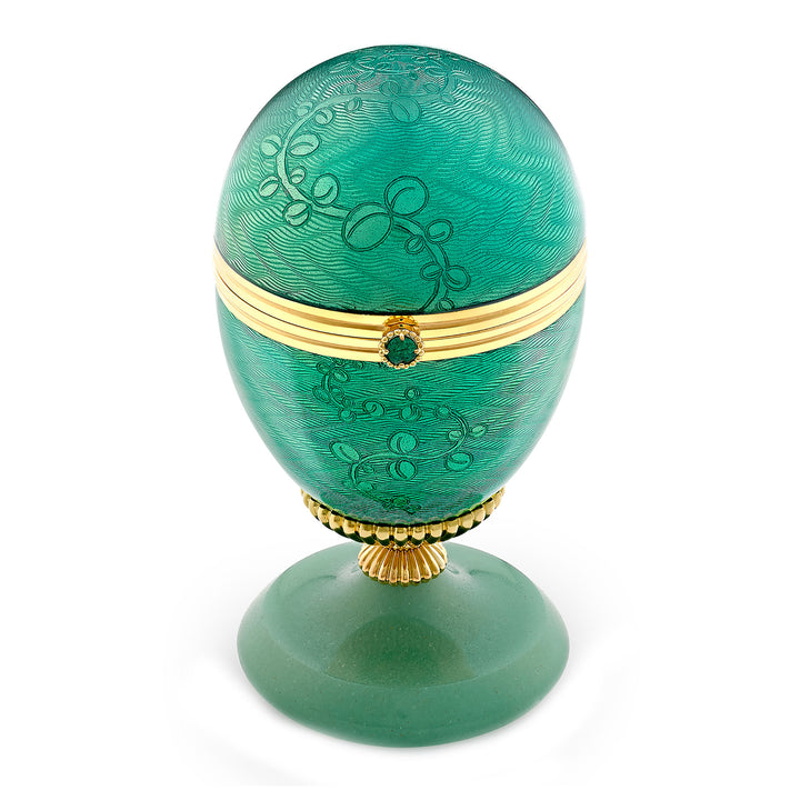 Fabergé Heritage Limited Edition 18ct Yellow Gold Green Guilloché Enamel Egg Objet with Twin Flower Surprise