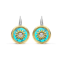 Ti Sento Yellow Gold Plated Turquoise Blue and Cubic Zirconia Sun Disc Drop Earrings - Michael Jones Jeweller