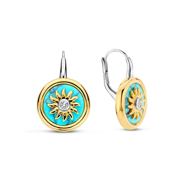 Ti Sento Yellow Gold Plated Turquoise Blue and Cubic Zirconia Sun Disc Drop Earrings