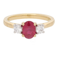 Ruby and Diamond Oval Three Stone 18ct Yellow Gold Ring - Michael Jones Jeweller