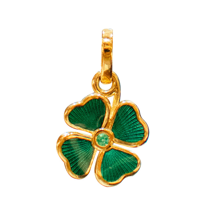 Fabergé 18ct Yellow Gold Green Guilloche Enamel and Emerald Clover Charm