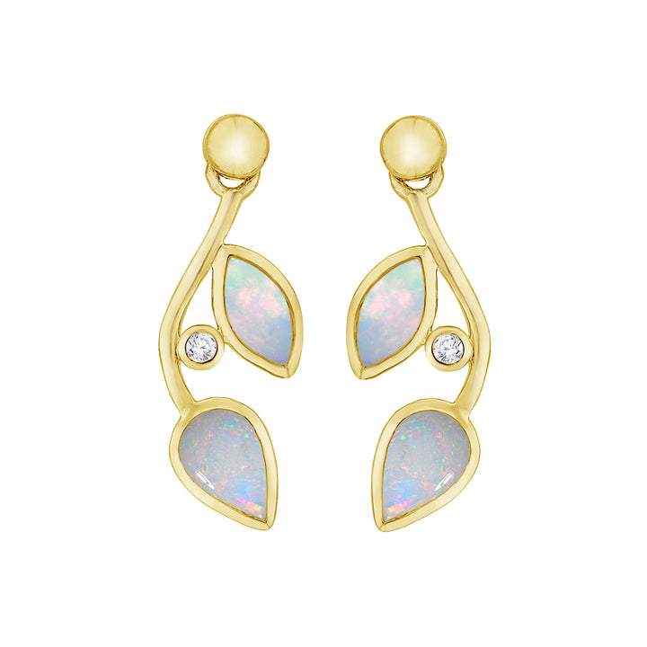Opal and Diamond 9ct Yellow Gold Leaf Drop Earrings