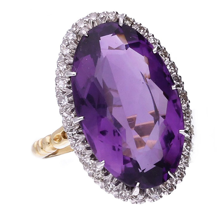 Pre-Owned Amethyst and Diamond Oval Shaped Cluster Ring
