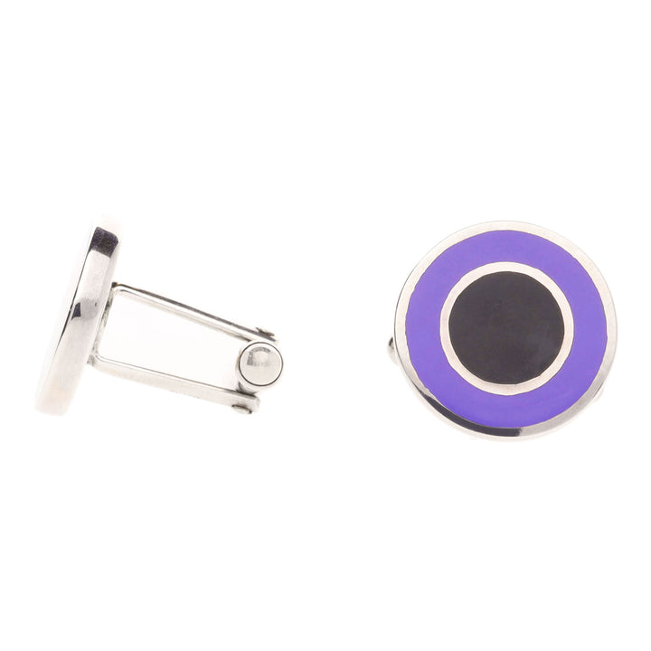 Round Black and Purple Enamel Silver Cufflinks