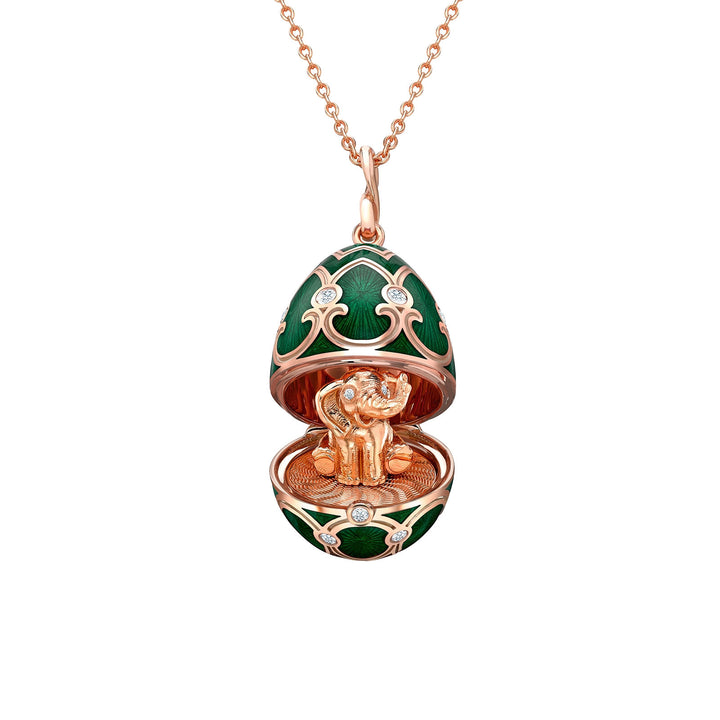 Fabergé Heritage Rose Gold Diamond & Green Guilloché Enamel Elephant Surprise Locket