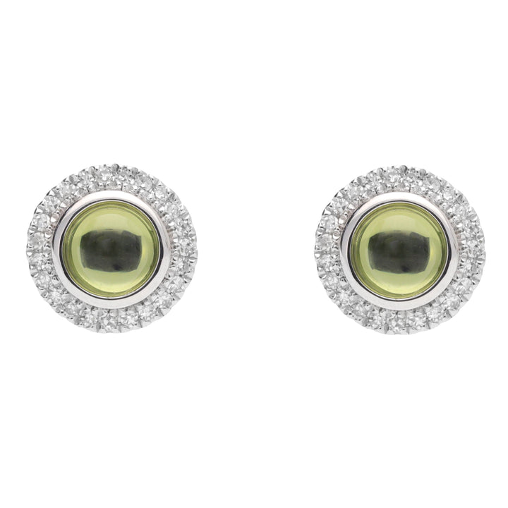 Peridot Cabochon Diamond Halo 9ct White Gold Earrings