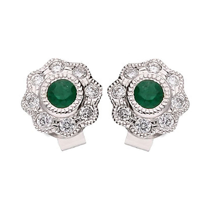 Emerald and Diamond 18ct White Gold Flower Cluster Earrings