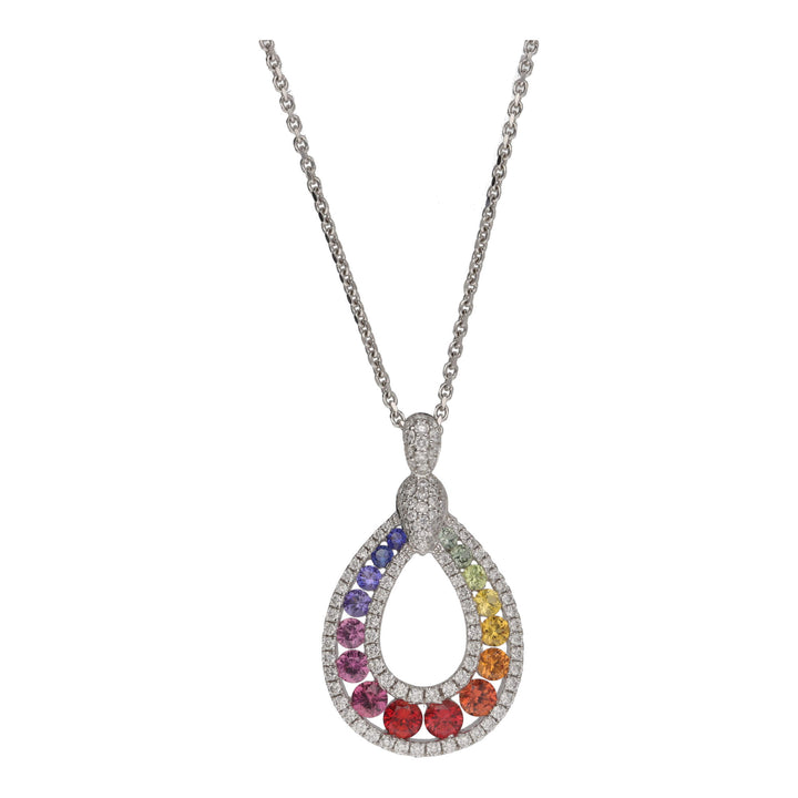 Multi Sapphire and Diamond Teardrop Rainbow 18ct White Gold Necklace