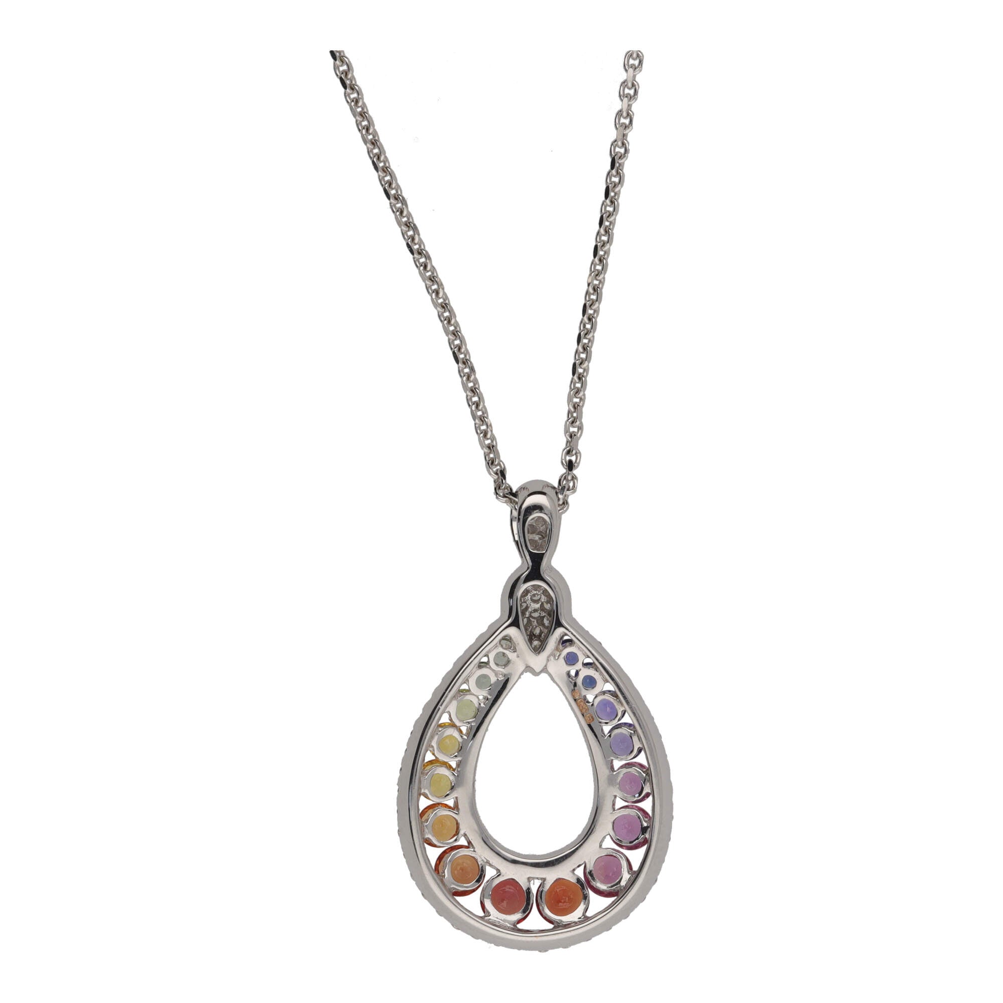Multi Sapphire and Diamond Teardrop Rainbow 18ct White Gold Necklace Michael Jones Jeweller