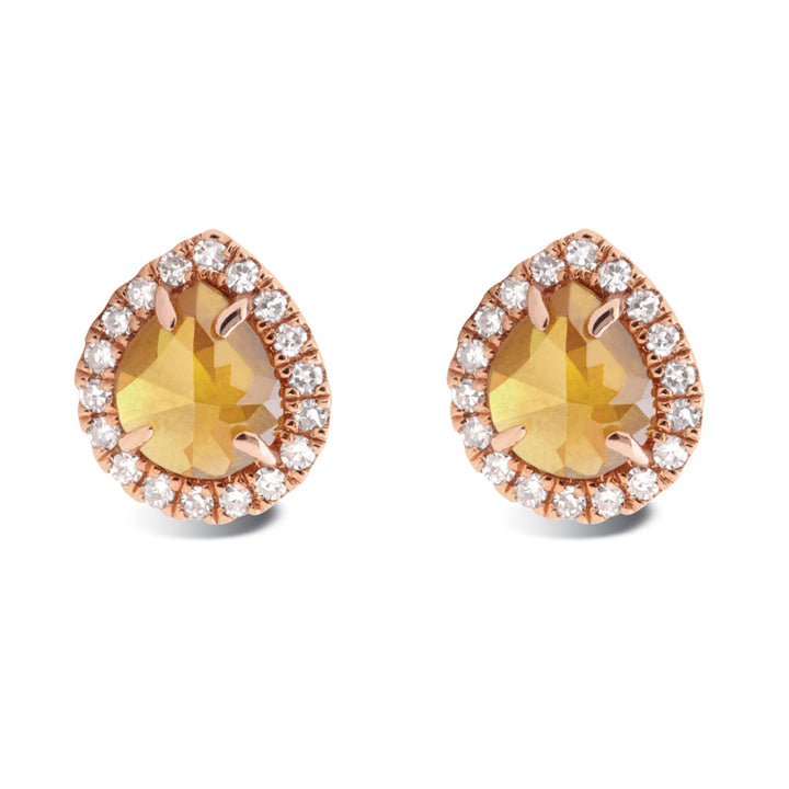 Yellow Rough Diamond 18ct Rose Gold Pear Shaped Stud Earrings