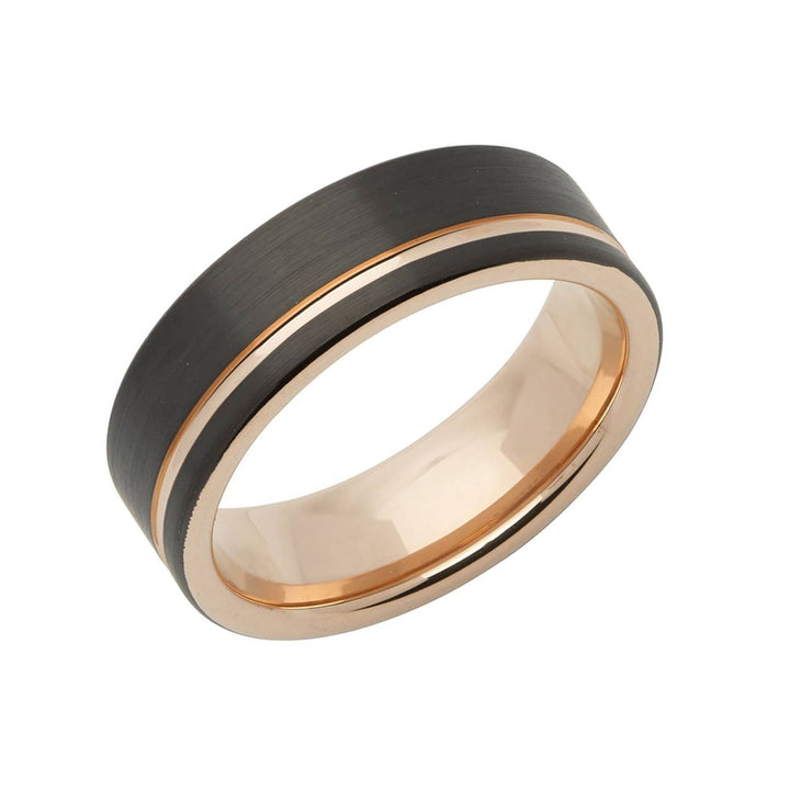 Unique Ring. Tungsten Carbide with Rose Gold and Black Plating.