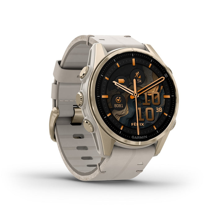 Garmin Fenix 8 43mm AMOLED Sapphire Gold Limestone Leather 010-02903-40 - Michael Jones Jeweller