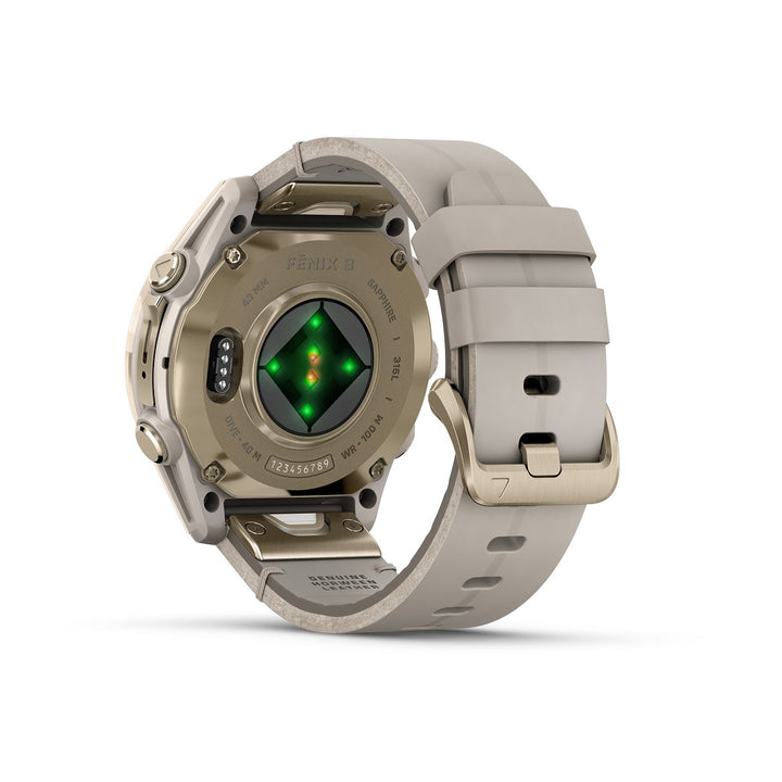 Garmin Fenix 8 43mm AMOLED Sapphire Gold Limestone Leather 010-02903-40 - Michael Jones Jeweller