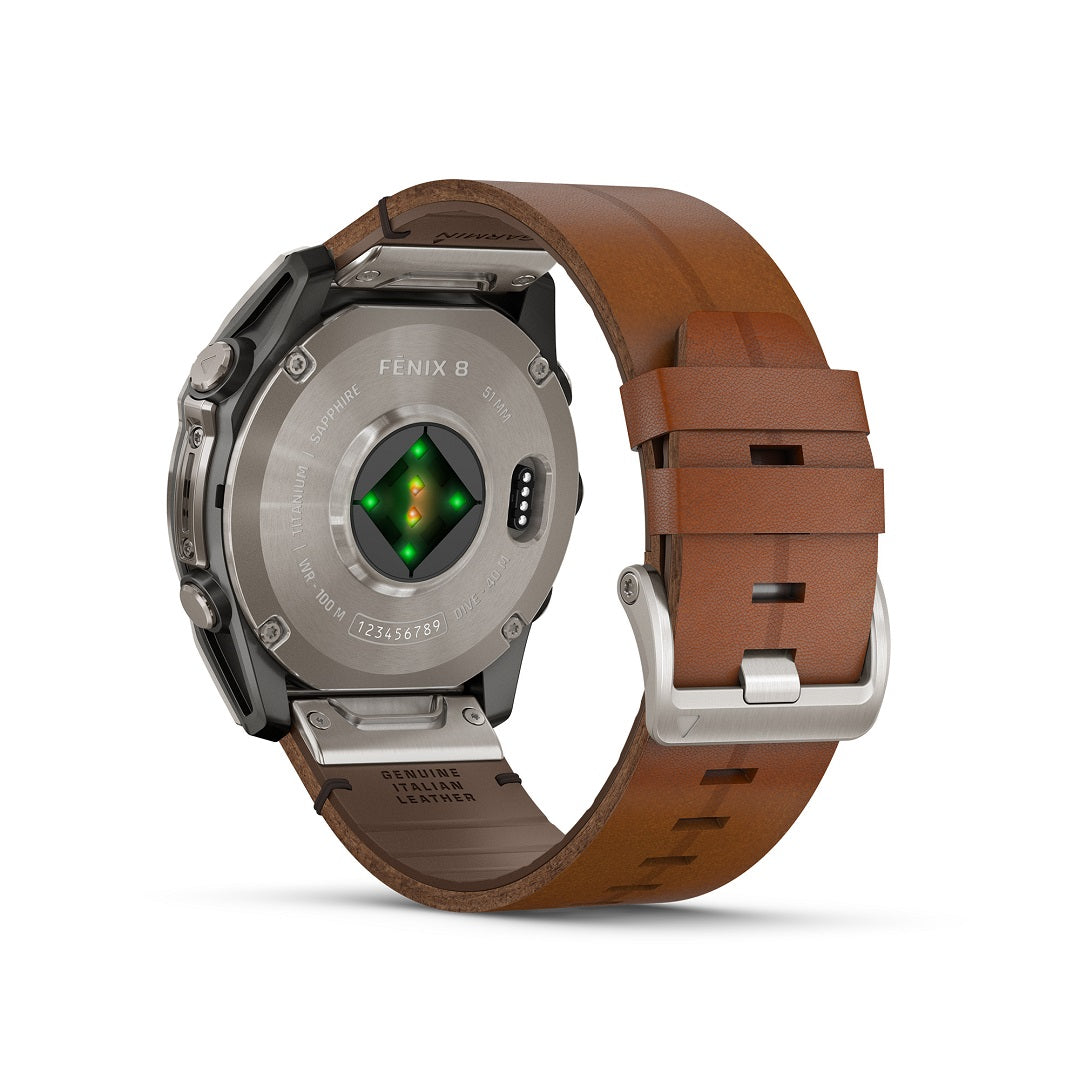 Garmin Fenix 8 51mm AMOLED Sapphire Carbon DLC Chestnut Leather 010-02905-40 - Michael Jones Jeweller