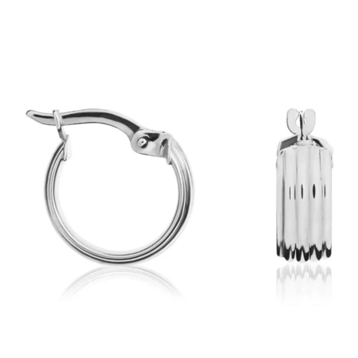 Wide Ridged Hoop Earrings. 9ct White Gold.