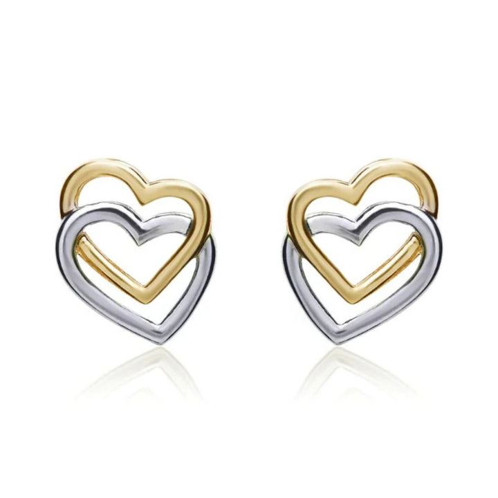 9ct Yellow and White Gold Double Heart Stud Earrings