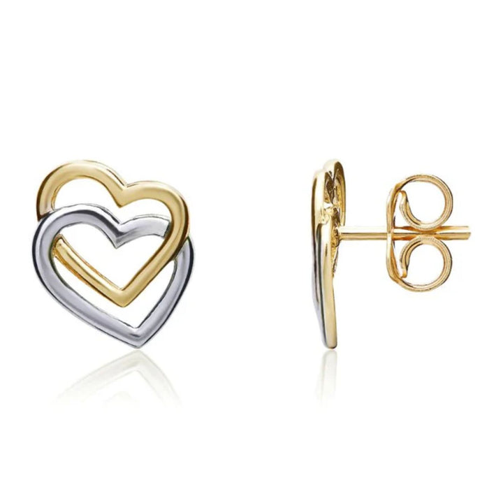 9ct Yellow and White Gold Double Heart Stud Earrings
