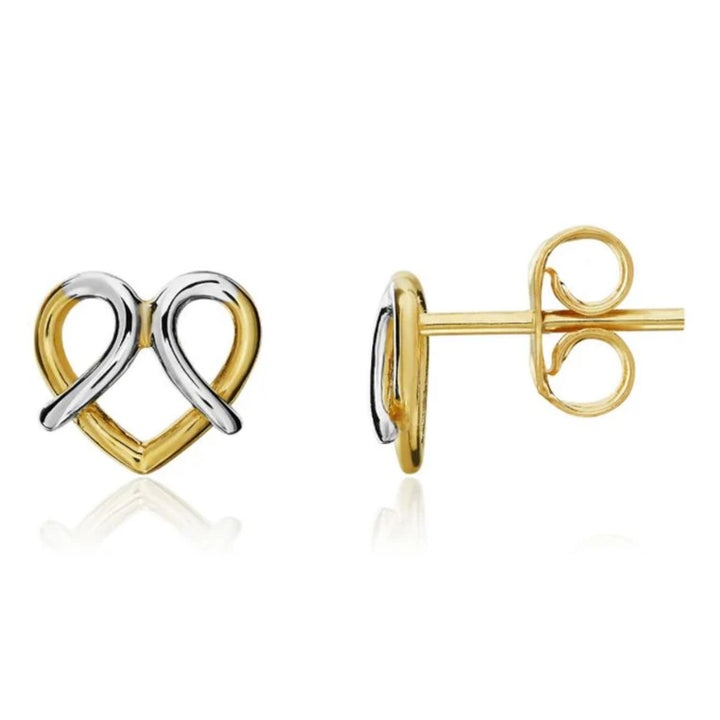 Two Colour Heart Crossover 9ct Gold Stud Earrings