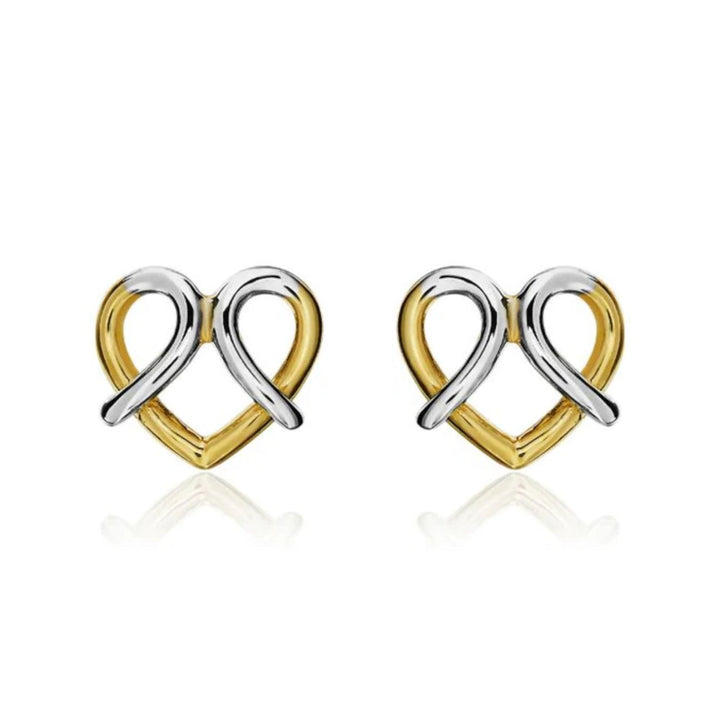 Two Colour Heart Crossover 9ct Gold Stud Earrings
