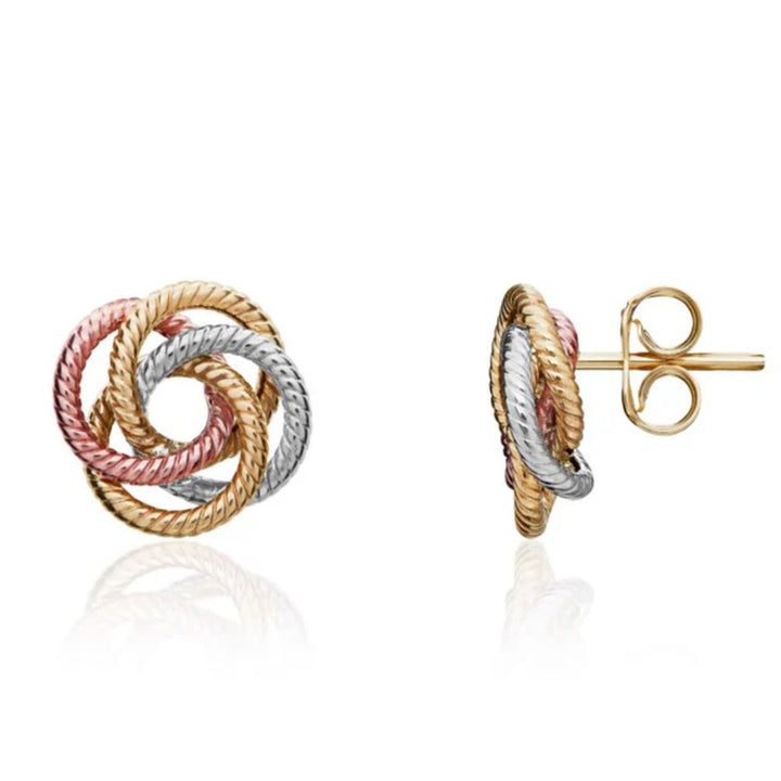 9ct Yellow White and Rose Gold Knot Stud Earrings