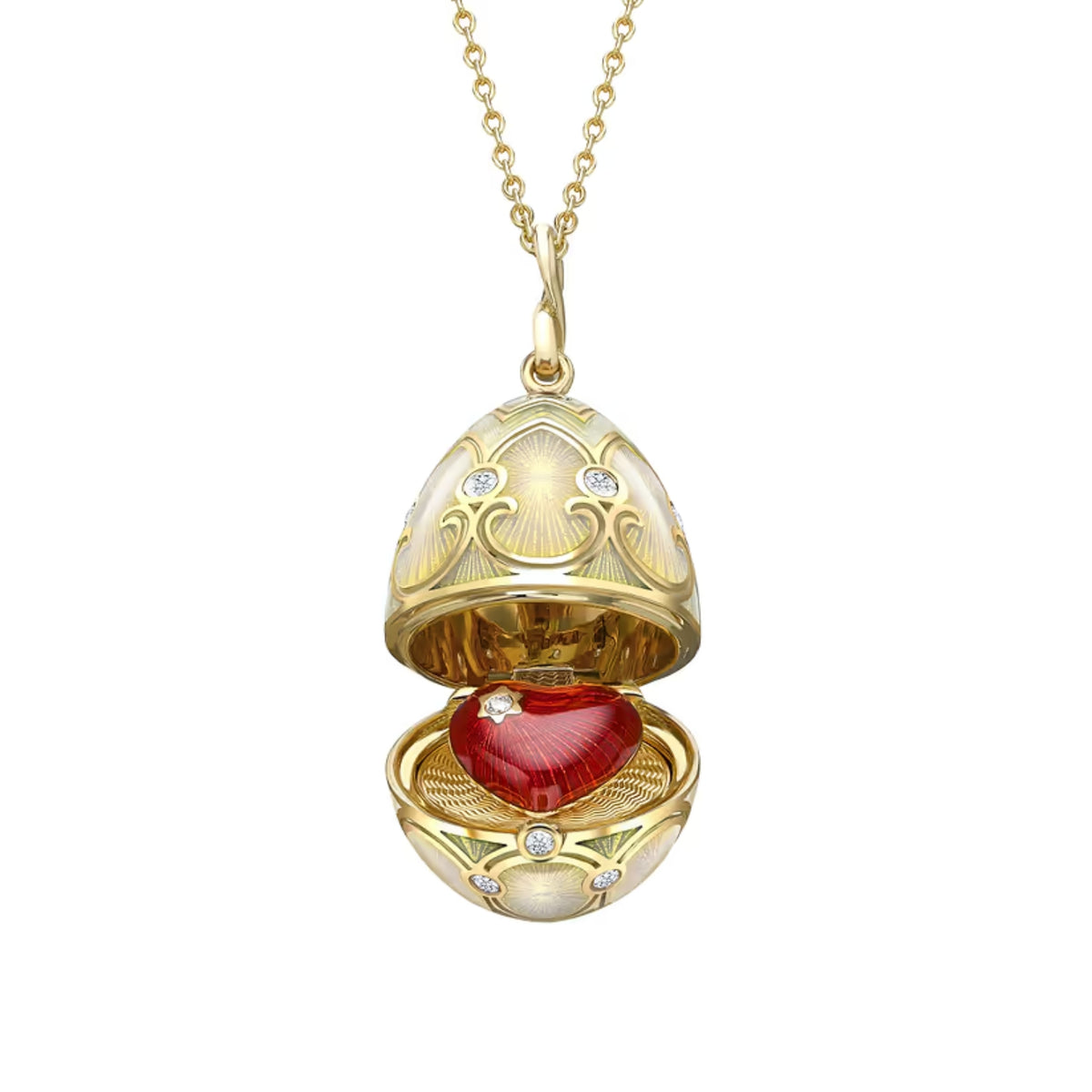 Fabergé Heritage Surprise Heart Pendant 18ct Yellow Gold Opalescent Guilloché Enamel - Michael Jones Jeweller