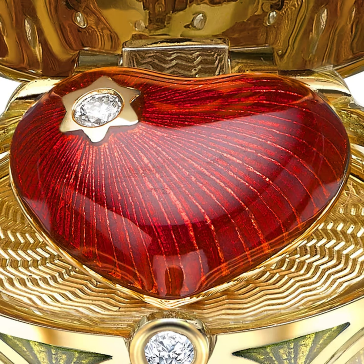 Fabergé Heritage Surprise Heart Pendant 18ct Yellow Gold Opalescent Guilloché Enamel - Michael Jones Jeweller