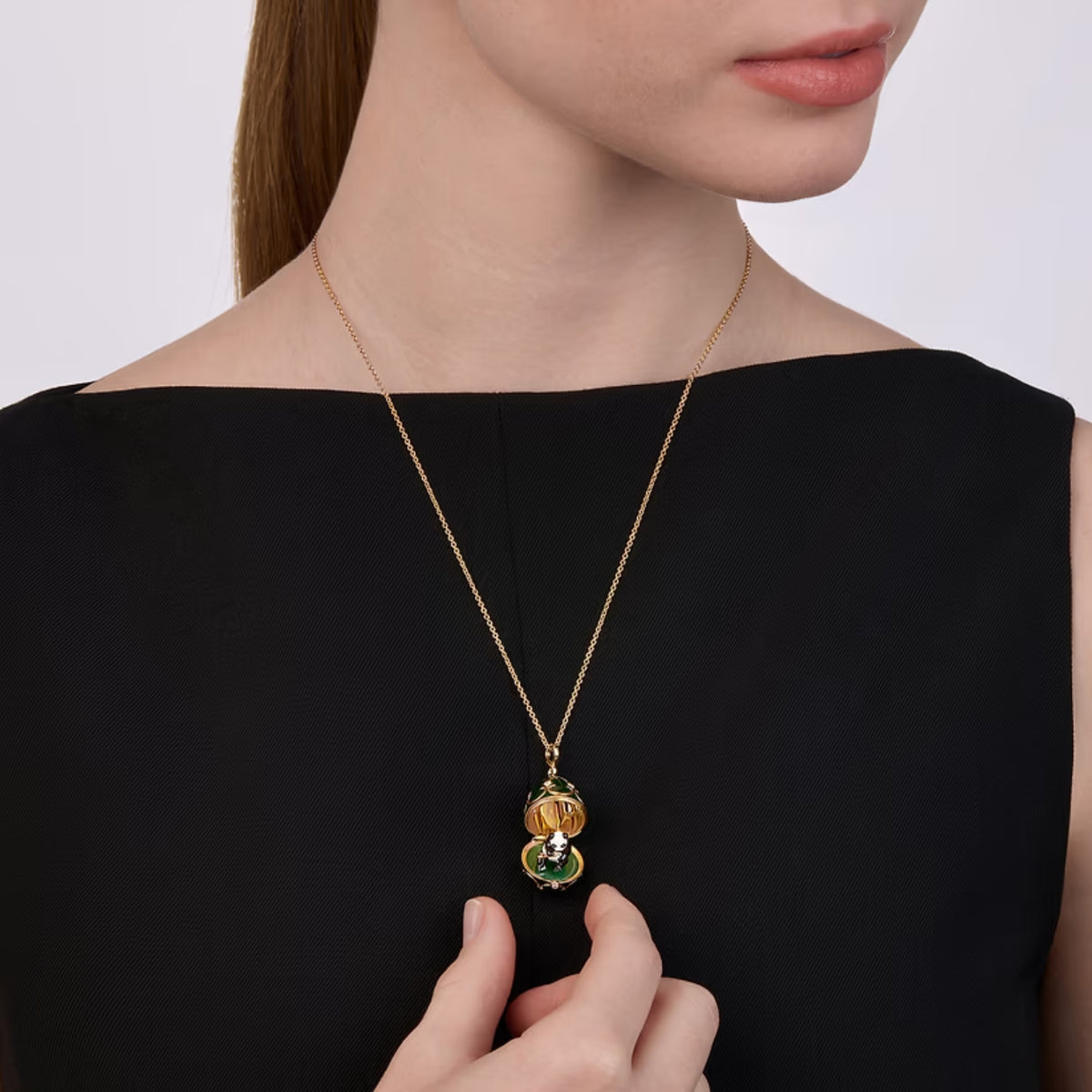 Fabergé Heritage Surprise Panda Pendant 18ct Yellow Gold Diamond & Green Guilloché Enamel - Michael Jones Jeweller
