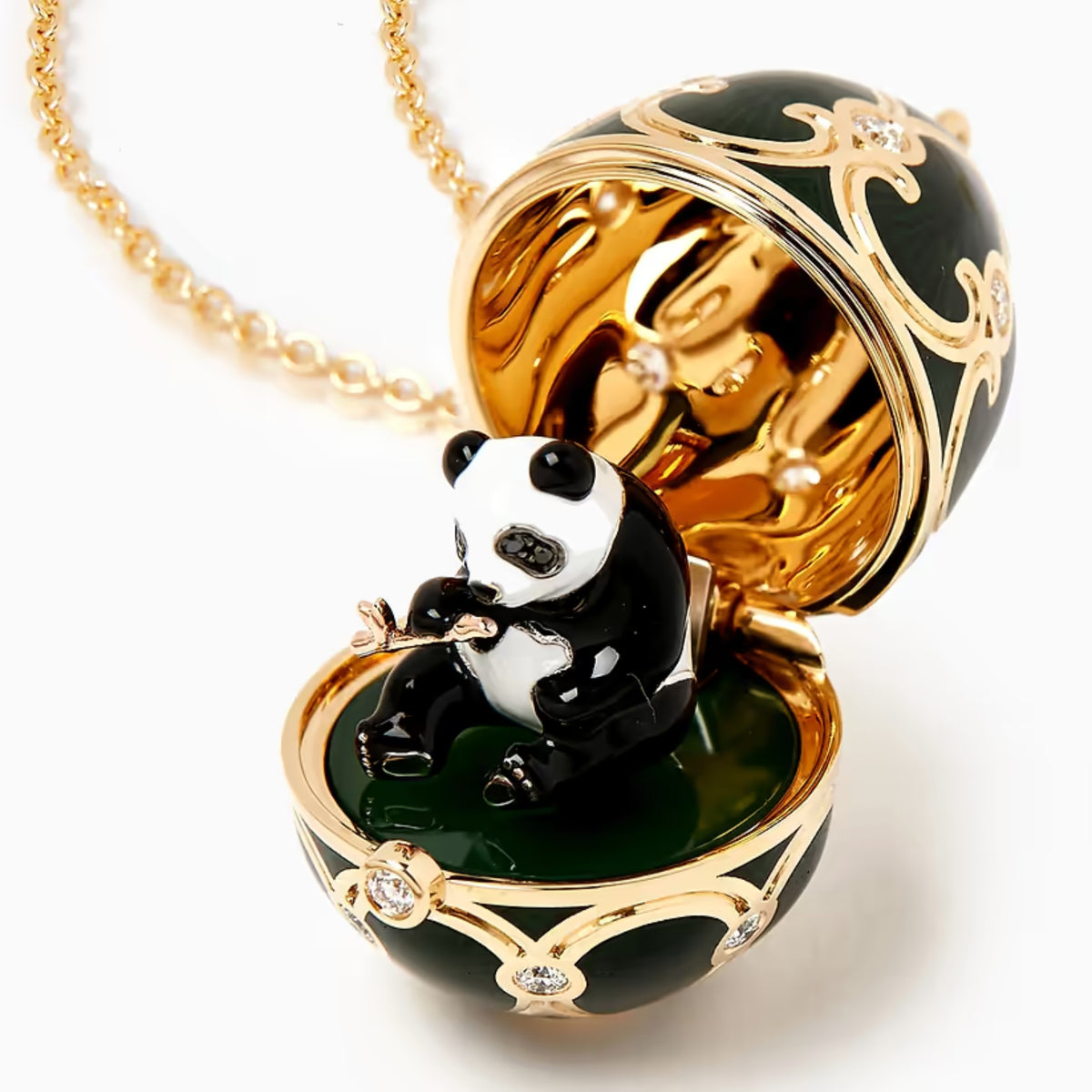 Fabergé Heritage Surprise Panda Pendant 18ct Yellow Gold Diamond & Green Guilloché Enamel - Michael Jones Jeweller