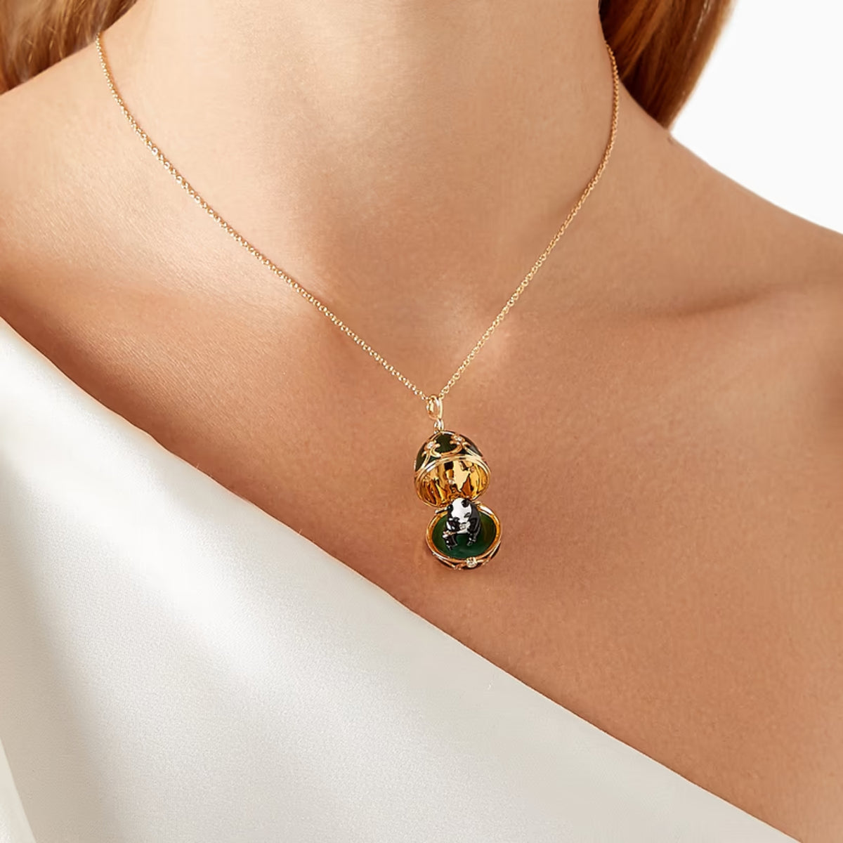 Fabergé Heritage Surprise Panda Pendant 18ct Yellow Gold Diamond & Green Guilloché Enamel - Michael Jones Jeweller