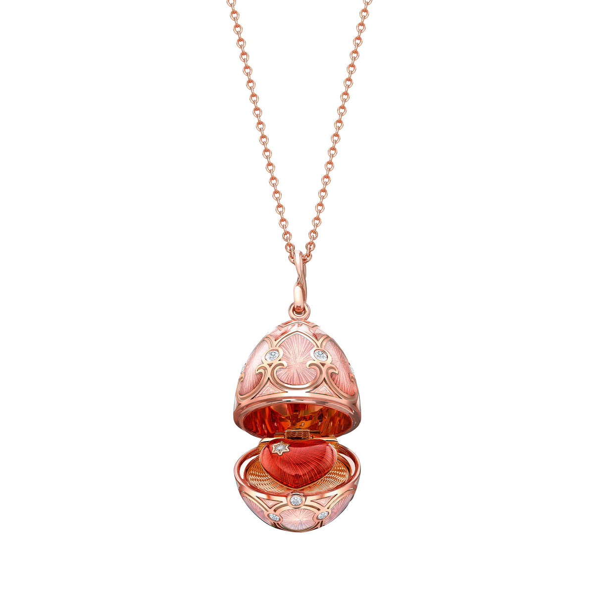 Fabergé Heritage Surprise Heart Pendant 18ct Rose Gold Pink Guilloché Enamel - Michael Jones Jeweller