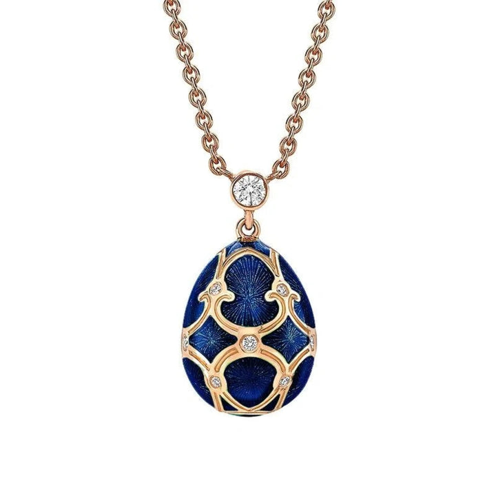 Fabergé Heritage 18ct Rose Gold Diamond & Dark Blue Guilloché Enamel Petit Egg Pendant - Michael Jones Jeweller