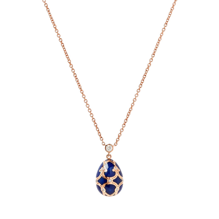 Fabergé Heritage 18ct Rose Gold Diamond & Dark Blue Guilloché Enamel Petit Egg Pendant - Michael Jones Jeweller