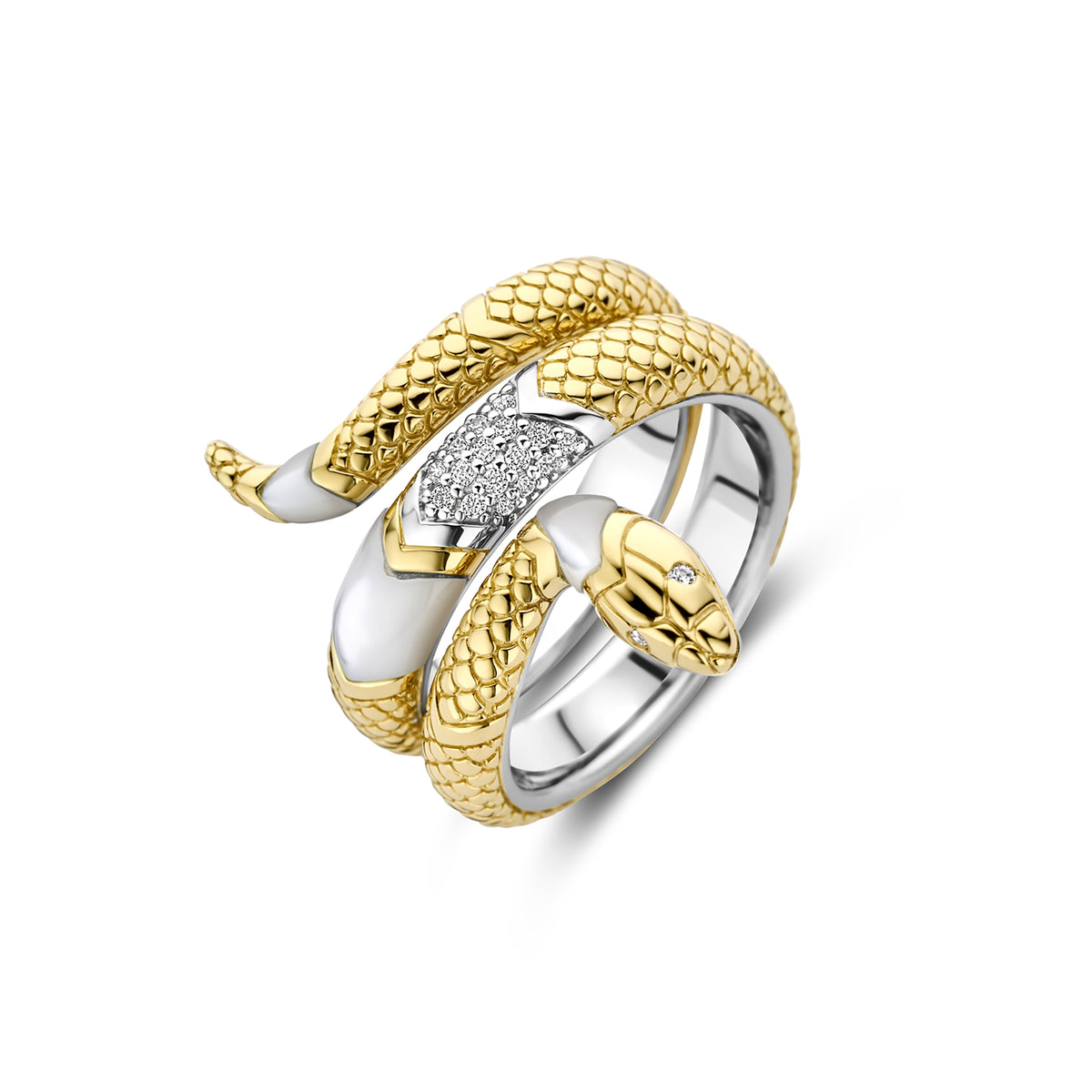 Ti Sento Yellow Gold Plated Mother of Pearl White and Cubic Zirconia Snake Ring 12203MW (56)