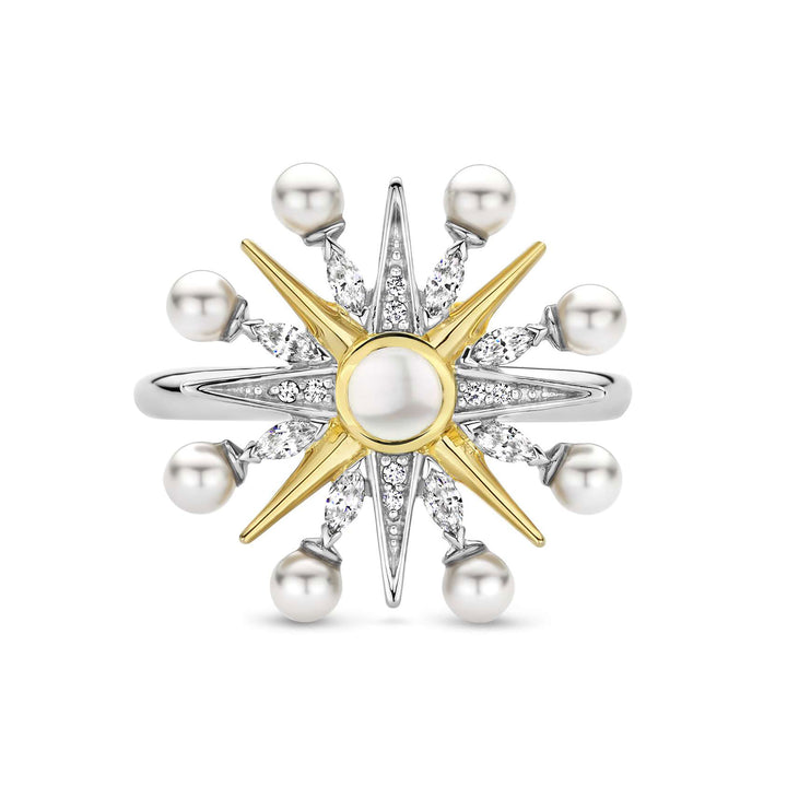 Ti Sento Yellow Gold Plated Cubic Zirconia Pearl White Star Ring - Michael Jones Jeweller
