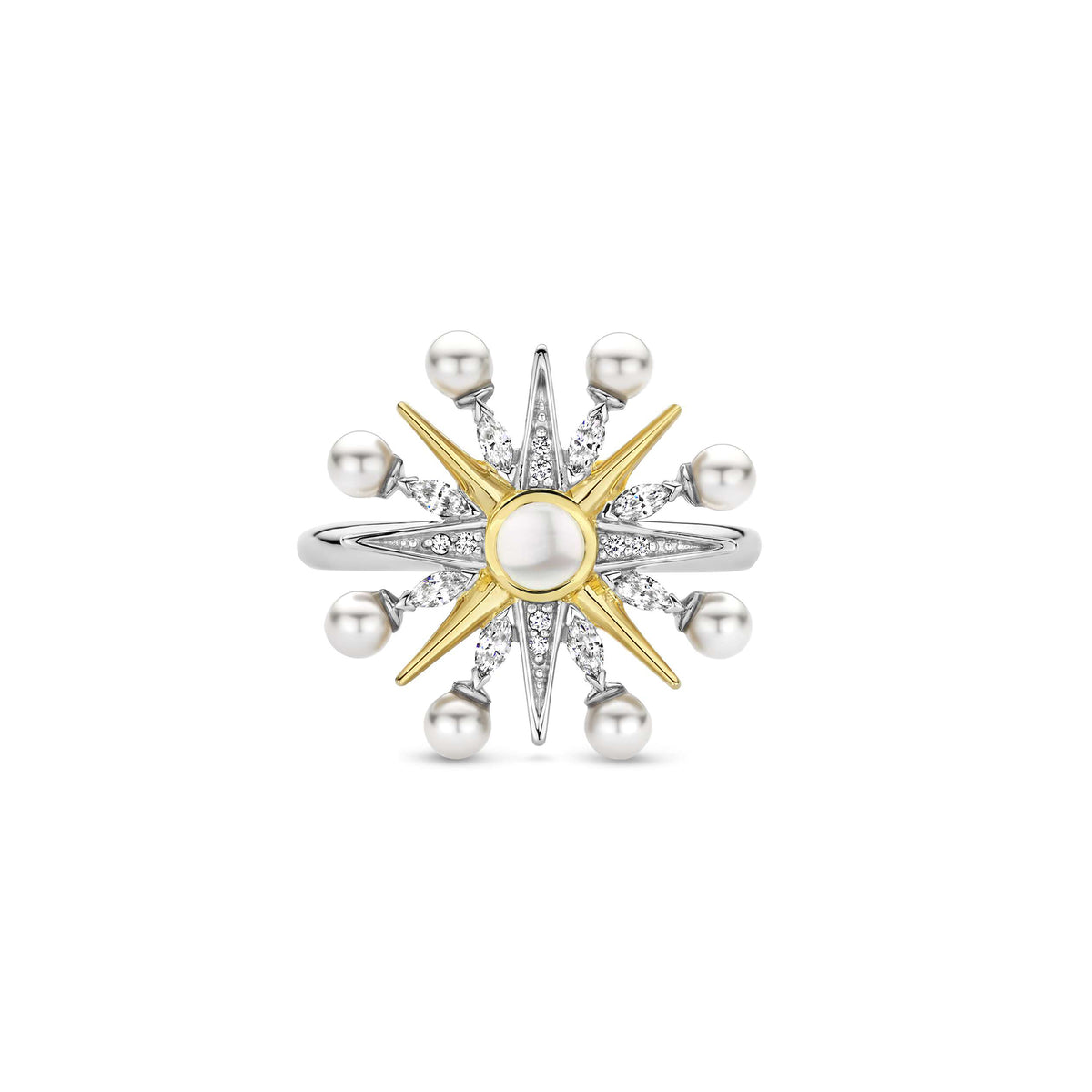 Ti Sento Yellow Gold Plated Synthetic Pearl and Cubic Zirconia Star Ring - Michael Jones Jeweller
