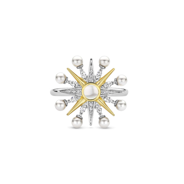 Ti Sento Yellow Gold Plated Synthetic Pearl and Cubic Zirconia Star Ring - Michael Jones Jeweller