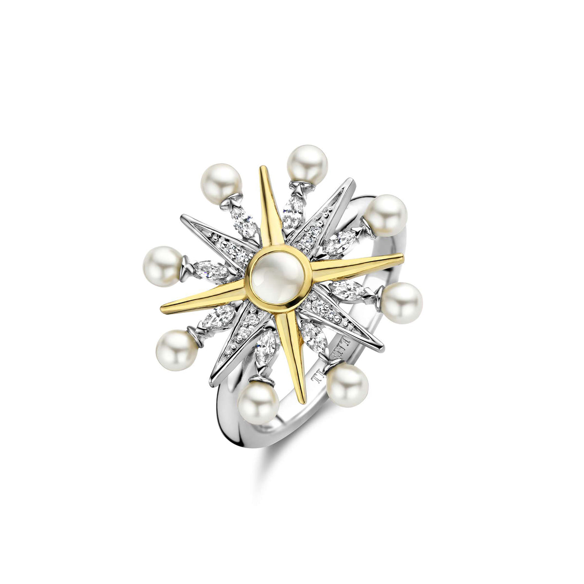 Ti Sento Yellow Gold Plated Synthetic Pearl and Cubic Zirconia Star Ring - Michael Jones Jeweller