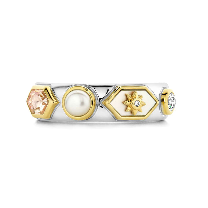 Ti Sento Yellow Gold Plated Pearl White and Nude Pink Star Motif Hexagonal Ring - Michael Jones Jeweller