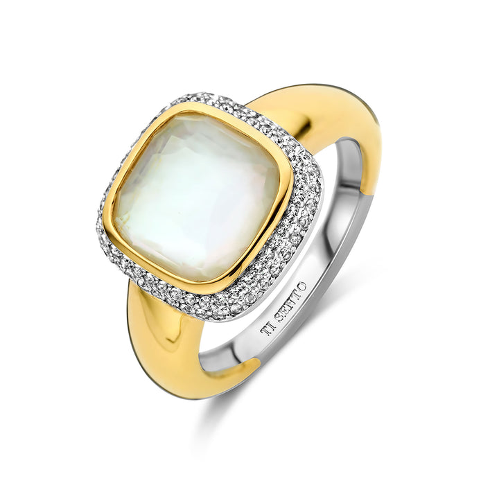 Ti Sento Yellow Gold Plated Mother of Pearl White and Cubic Zirconia Cluster Ring