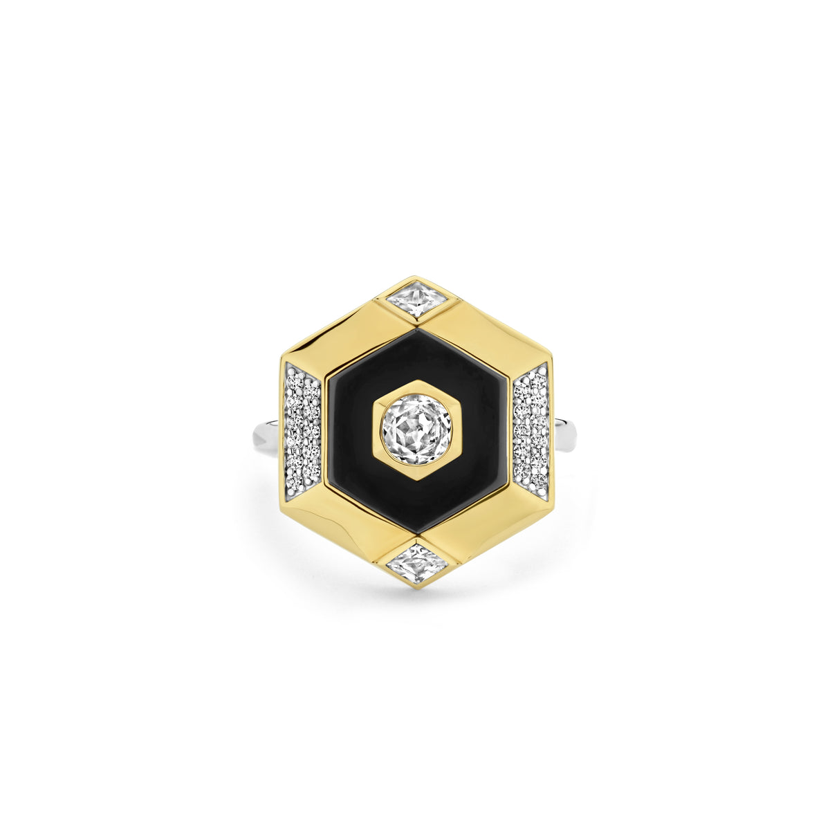 Ti Sento Yellow Gold Plated Onyx Black and Cubic Zirconia Hexagonal Ring - Michael Jones Jeweller