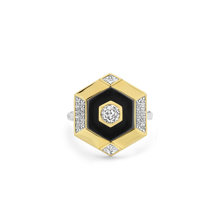 Ti Sento Yellow Gold Plated Onyx Black and Cubic Zirconia Hexagonal Ring - Michael Jones Jeweller