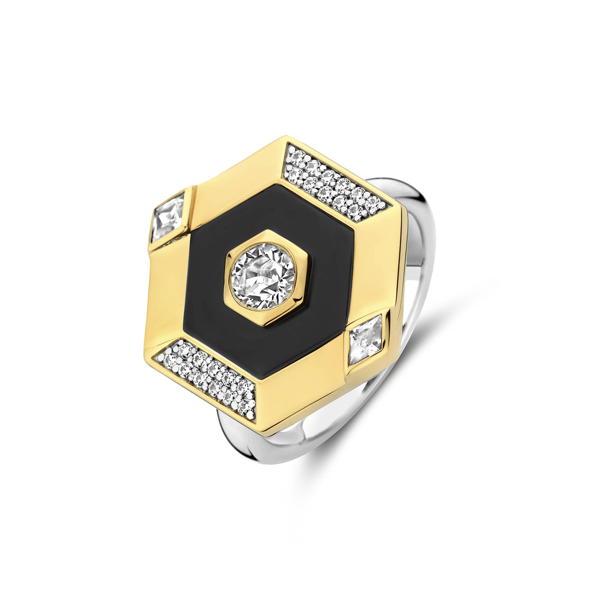 Ti Sento Yellow Gold Plated Onyx Black and Cubic Zirconia Hexagonal Ring - Michael Jones Jeweller