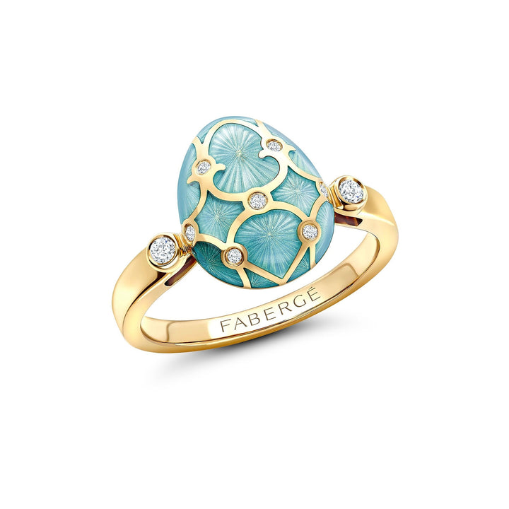 Fabergé Heritage Yellow Gold Diamond & Turquoise Guilloché Enamel Egg Ring
