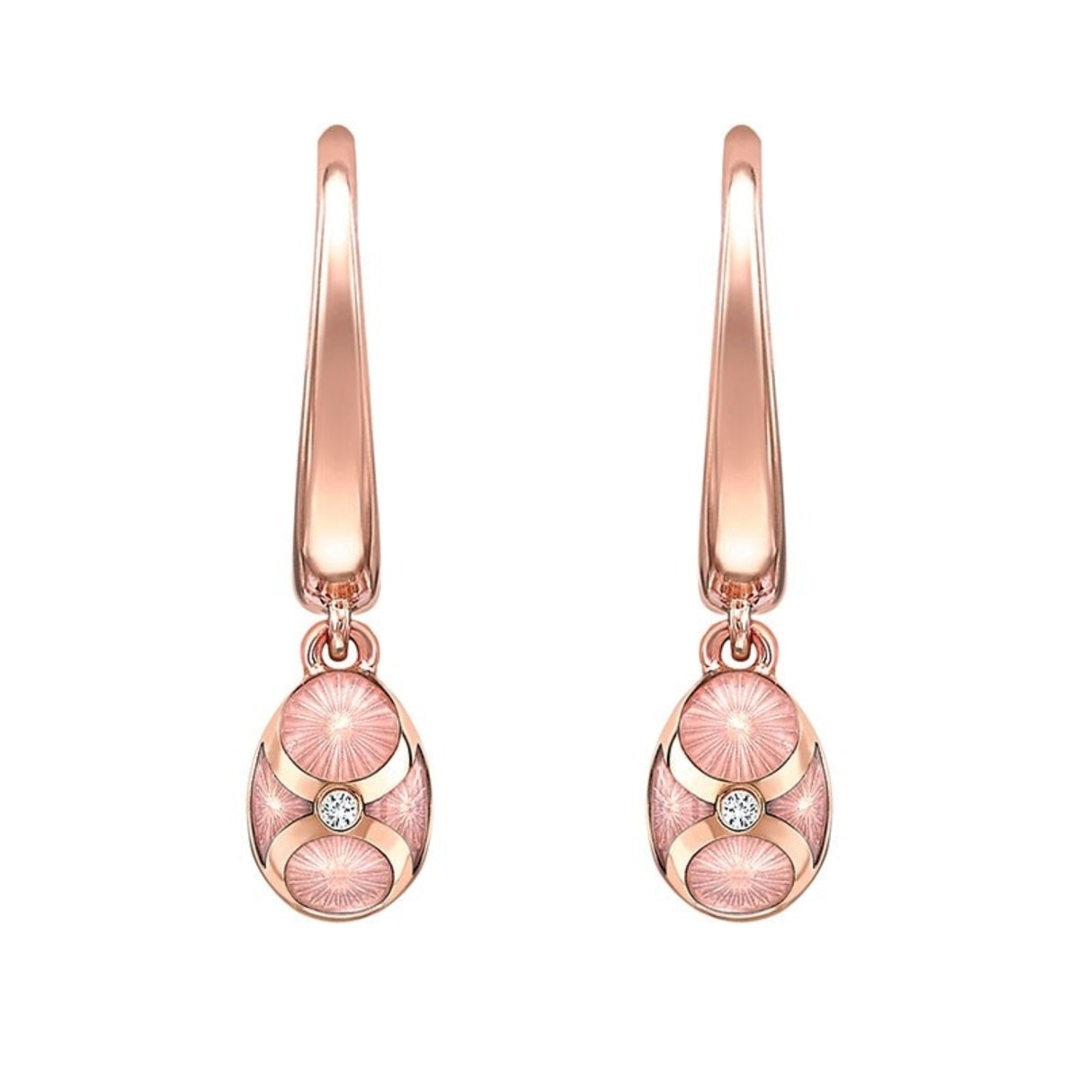 Fabergé Heritage 18ct Rose Gold Diamond Pink Guilloché Enamel Hoop Drop Earrings - Michael Jones Jeweller