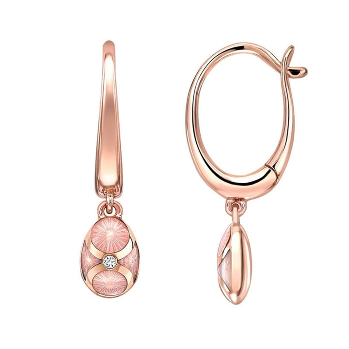Fabergé Heritage 18ct Rose Gold Diamond Pink Guilloché Enamel Hoop Drop Earrings