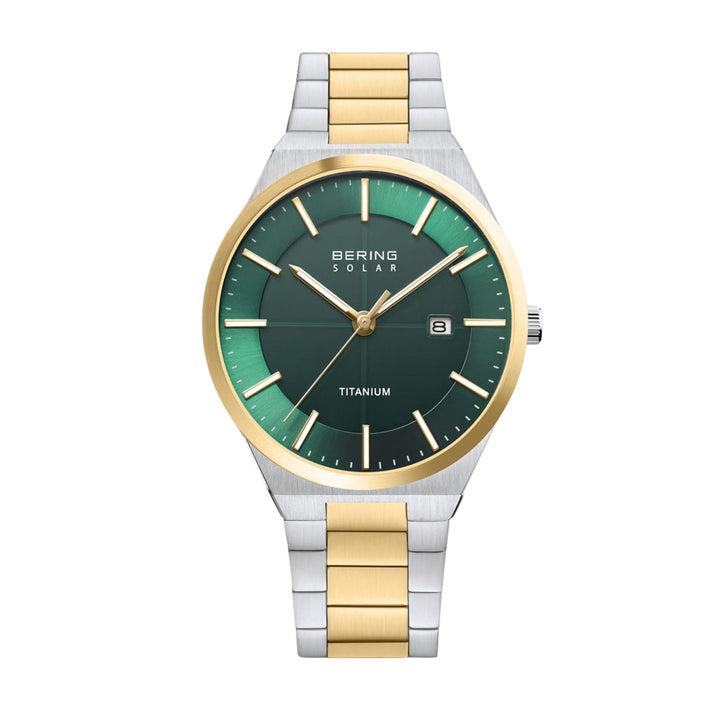 Bering Polished Titainum Green Yellow Gold Plated Solar Watch 14439-718 - Michael Jones Jeweller